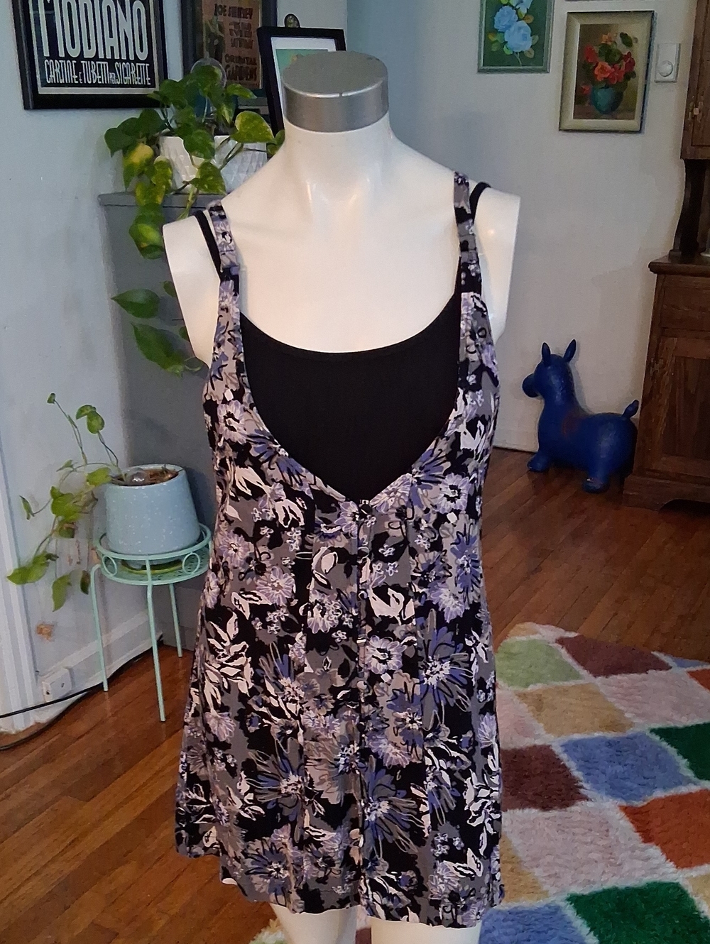 Free People Black Floral Racerback, Button Front Jumper with Lavender Accents
